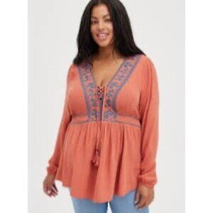 Torrid Embroidered Lace-Up Babydoll Top NWT Size 3